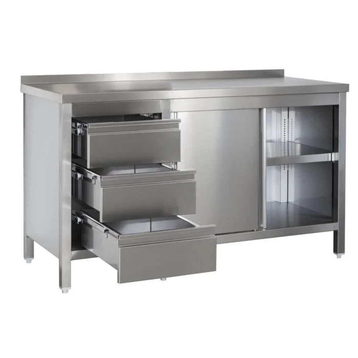 Edelstahl Arbeitsschrank mit Aufkantung, Schubladenblock links, Türen und höhenverstellbarem Zwischenboden, Bautiefe 700 mm, AISI 304, 1300 x 700 x 850