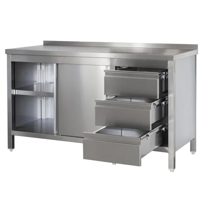 Edelstahl Arbeitsschrank mit Aufkantung, Schubladenblock rechts, Türen und höhenverstellbarem Zwischenboden, Bautiefe 600 mm, AISI 304, 1000 x 600 x 850