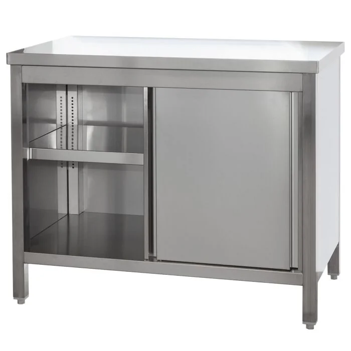 Edelstahl Arbeitsschrank mit Türen und höhenverstellbarem Zwischenboden, Bautiefe 600 mm, AISI 304, 1500 x 600 x 850