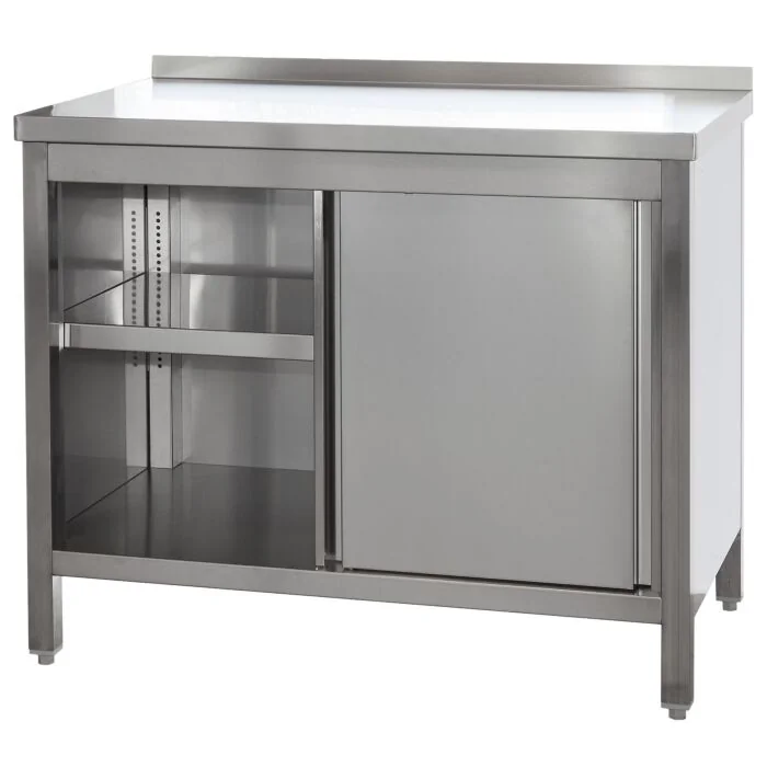 Edelstahl Arbeitsschrank mit Aufkantung, Türen und höhenverstellbarem Zwischenboden, Bautiefe 700 mm, AISI 304, 800 x 700 x 850