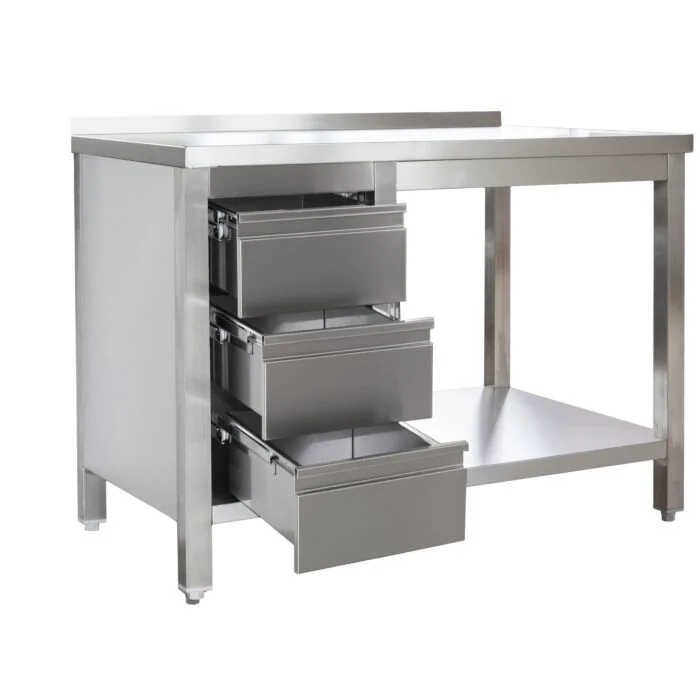Edelstahl Arbeitstisch mit Aufkantung und Schubladenblock links verschweißt, Bautiefe 600 mm, mit Grundboden, AISI 304, 1100 x 600 x 850