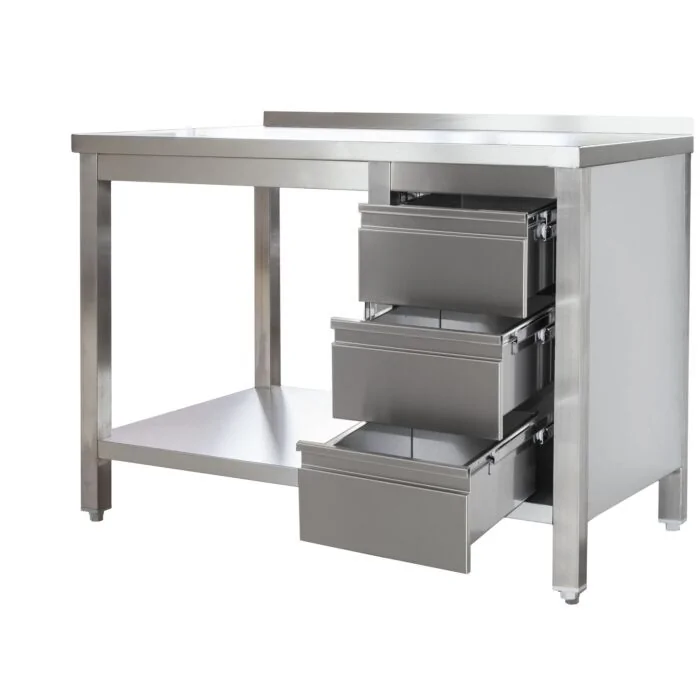 Edelstahl Arbeitstisch mit Aufkantung und Schubladenblock rechts verschweißt, Bautiefe 600 mm, mit Grundboden, AISI 304, 2000 x 600 x 850