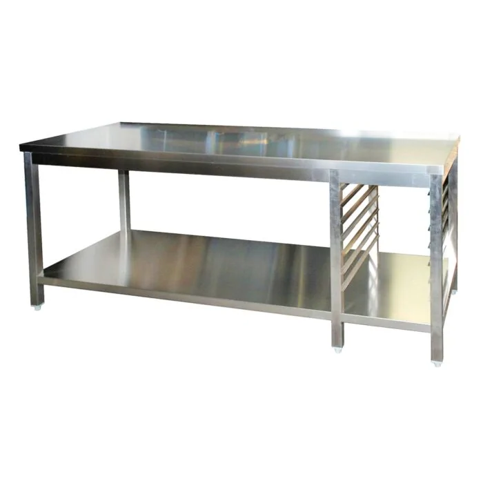 Edelstahl Arbeitstisch mit GN-Winkel rechts GN1/1 verschweißt, Bautiefe 700 mm, mit Grundboden, AISI 304, 1200 x 700 x 850