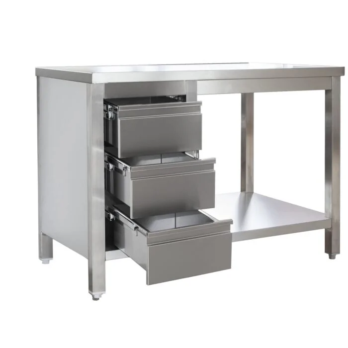 Edelstahl Arbeitstisch mit Schubladenblock links verschweißt, Bautiefe 600 mm, mit Grundboden, AISI 304, 2200 x 600 x 850