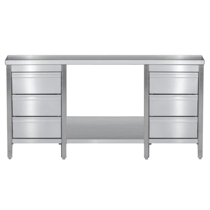 Edelstahl Arbeitstisch mit Schubladenblock links & rechts verschweißt, Bautiefe 600 mm, mit Grundboden, AISI 304, 1500 x 600 x 850