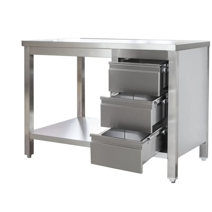 Edelstahl Arbeitstisch mit Schubladenblock rechts verschweißt, Bautiefe 700 mm, mit Grundboden, AISI 304, 2800 x 700 x 850