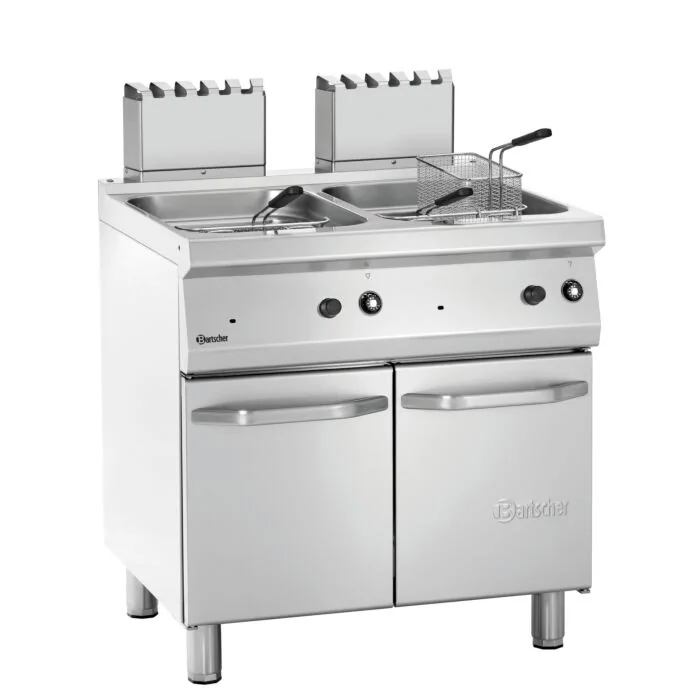 Bartscher Fritteuse Gas 700 B800 2 x 15 L – Standgerät mit zwei Edelstahlbecken und Flügeltür-Unterbau