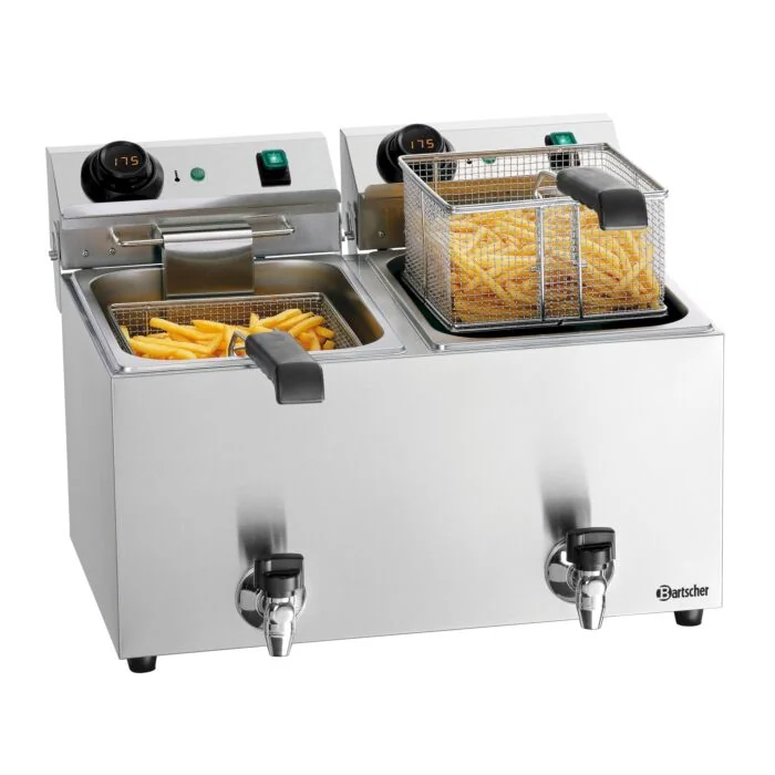 Bartscher Fritteuse MDI SNACK IV Plus – Doppelbecken-Tischfritteuse aus Edelstahl mit digitalem Knebel und Kontrollleuchten