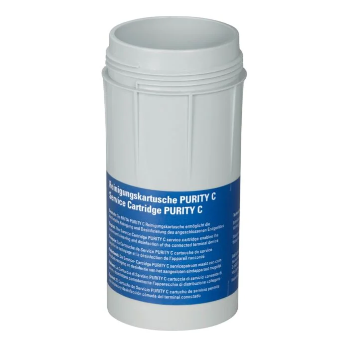 BRITA PURITY C Servicekartusche, weiße Kunststoffkartusche mit blauem Etikett, Frontalansicht