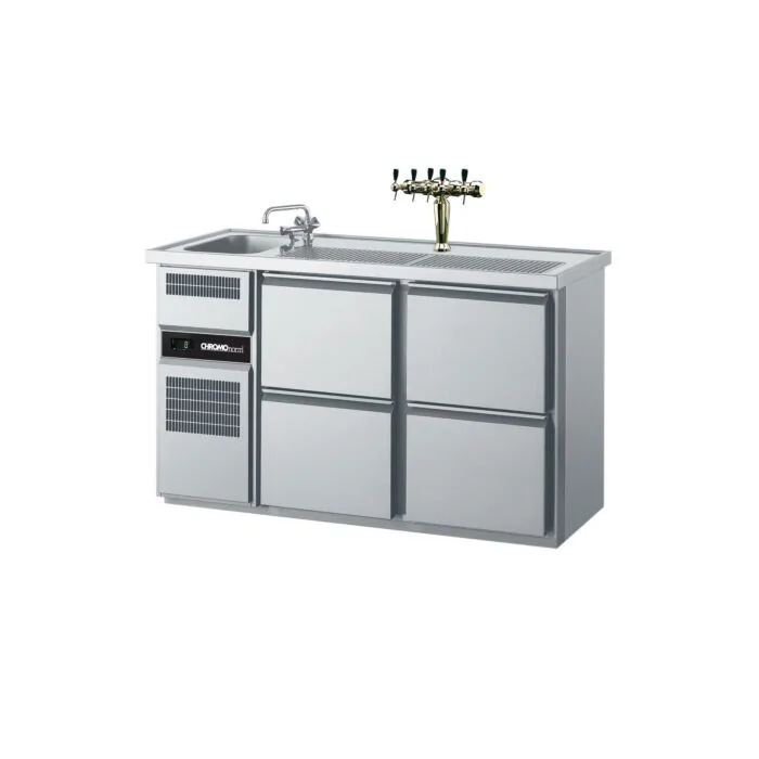 CHROMOnorm Edelstahl Getränketheke/Biertheke mit 1 Becken, 4 Schubladen
