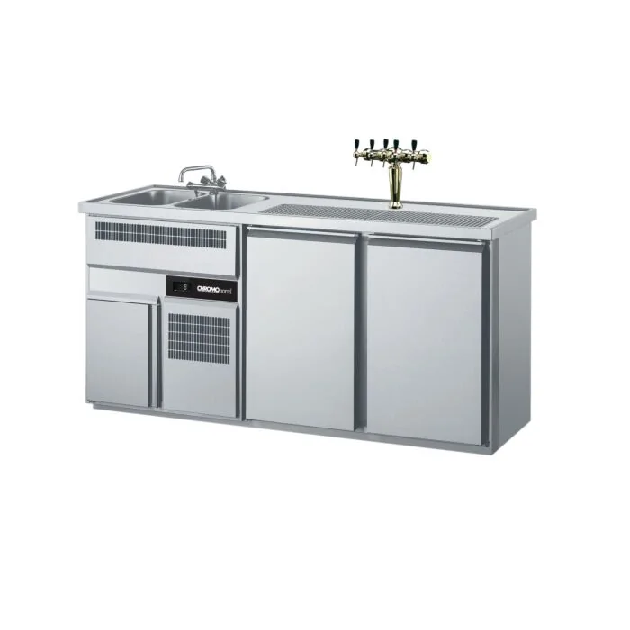 CHROMOnorm Edelstahl Getränketheke/Biertheke mit 2 Becken links & 2 Türen