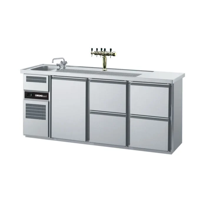 CHROMOnorm Edelstahl Getränketheke/Biertheke mit 1 Becken 1 Tür & 4 Schubladen