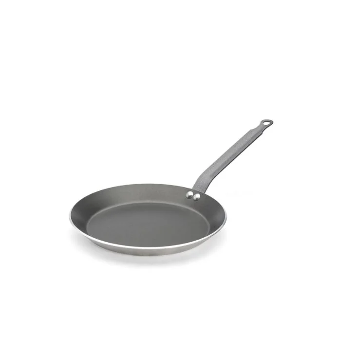 De Buyer Crepe-Pfanne Choc Antihaft Ø 22cm mit dunkelgrauer Antihaftbeschichtung, flachem Rand und gusseisernem Stiel, Schrägansicht
