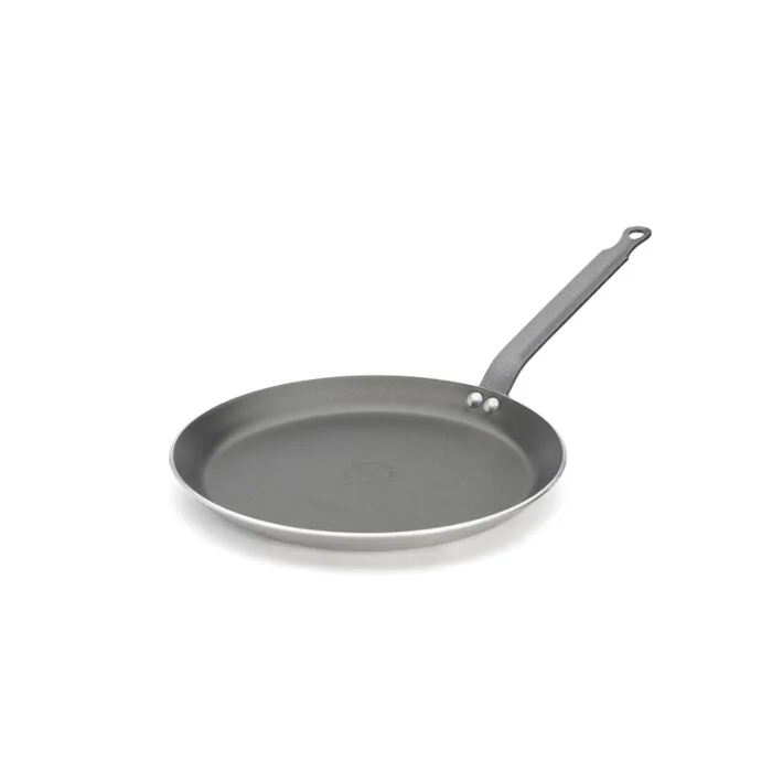 De Buyer Crepe-Pfanne Choc Antihaft Ø 26cm – flache runde Pfanne mit grauer Antihaftbeschichtung, genietetem Metallgriff, Schrägansicht