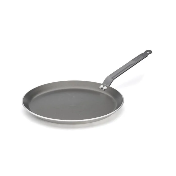 De Buyer Crepe-Pfanne Choc Antihaft Ø 30cm mit dunkelgrauer Antihaftbeschichtung, flachem Rand und langem Metallgriff, Schrägansicht