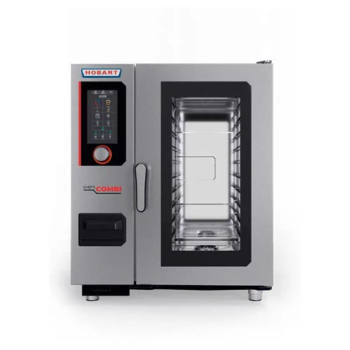 Hobart Kombidämpfer CHEF'S COMBI 101 in Edelstahl, Schrägansicht mit Touchscreen-Bedienfeld und Sichtfenster-Tür mit 10 Einschüben