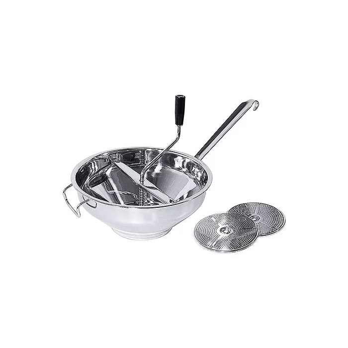 Contacto Passiergerät 320 mm aus Edelstahl mit Kurbel, schwarzem Griff und zwei auswechselbaren Lochscheiben