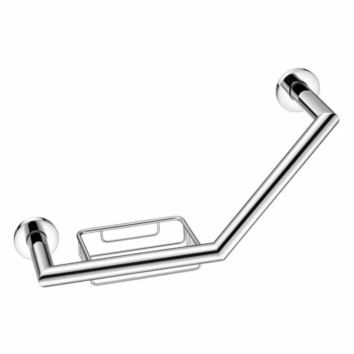 Aliseo TECNO Sicherheits-Haltegriff mit Seifenkörbchen in Chrom – Wandmontage mit integriertem Seifenkorb