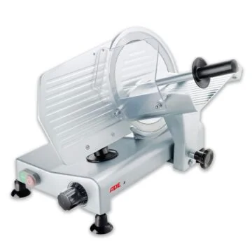 ADE Schrägschneider GRAVIS 250 – Aufschnittmaschine mit hartverchromtem Messer und eloxiertem Aluminiumgehäuse, Frontansicht