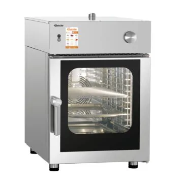 Bartscher Kombidämpfer Silversteam-K 6110DRS – Seitenansicht mit geöffneter Garraumtür und GN 1/1-Einschüben