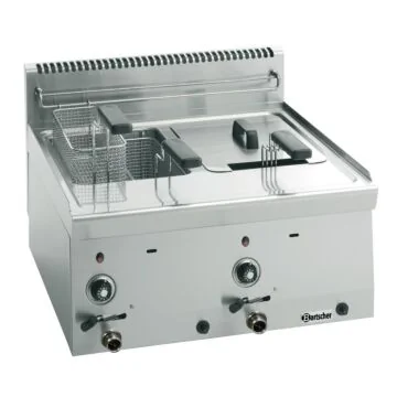 Bartscher Fritteuse Gas 600 B600 2 x 8 L – Edelstahl-Tischfritteuse mit zwei Becken und drei Frittierkörbern