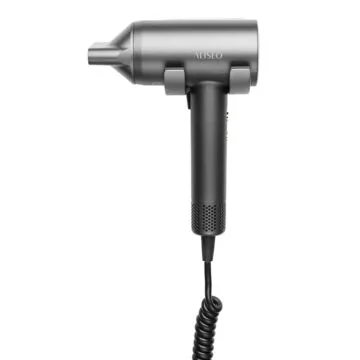 ALISEO Haartrockner VENTO BRUSHLESS in Dunkelgrau-Metallic montiert auf Gabel-Wandhalterung HANG-UP mit Direktanschluss