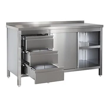 Edelstahl Arbeitsschrank mit Aufkantung, Schubladenblock links, Türen und höhenverstellbarem Zwischenboden, Bautiefe 600 mm, AISI 304, 1000 x 600 x 850