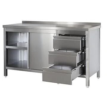 Edelstahl Arbeitsschrank mit Aufkantung, Schubladenblock rechts, Türen und höhenverstellbarem Zwischenboden, Bautiefe 600 mm, AISI 304, 1000 x 600 x 850