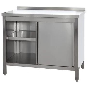 Edelstahl Arbeitsschrank mit Aufkantung, Türen und höhenverstellbarem Zwischenboden, Bautiefe 600 mm, AISI 304, 1000 x 600 x 850