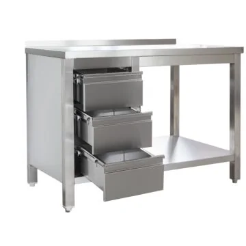 Edelstahl Arbeitstisch mit Aufkantung und Schubladenblock links verschweißt, Bautiefe 600 mm, mit Grundboden, AISI 304, 1000 x 600 x 850