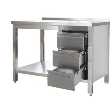 Edelstahl Arbeitstisch mit Aufkantung und Schubladenblock rechts verschweißt, Bautiefe 600 mm, mit Grundboden, AISI 304, 1000 x 600 x 850