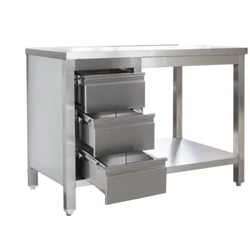 Edelstahl Arbeitstisch mit Schubladenblock links verschweißt, Bautiefe 600 mm, mit Grundboden, AISI 304, 2800 x 600 x 850
