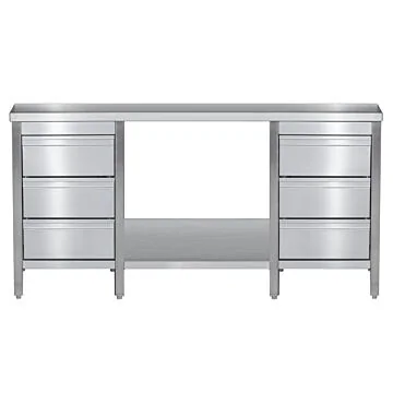 Edelstahl Arbeitstisch mit Schubladenblock links & rechts verschweißt, Bautiefe 800 mm, mit Grundboden, AISI 304, 2400 x 800 x 850