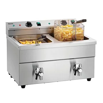 Bartscher Induktions-Fritteuse 2 x 8 L Plus – Frontansicht des Edelstahl-Tischgeräts mit zwei Becken und Knebel-Steuerung