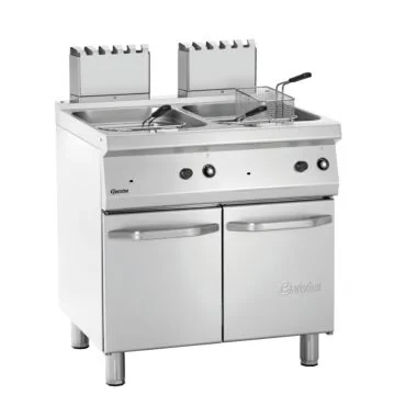 Bartscher Fritteuse Gas 700 B800 2 x 15 L – Standgerät mit zwei Edelstahlbecken und Flügeltür-Unterbau