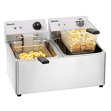 Bartscher Fritteuse SNACK IV – Edelstahl-Tischfritteuse mit zwei 8-Liter-Becken und Frittierkorb