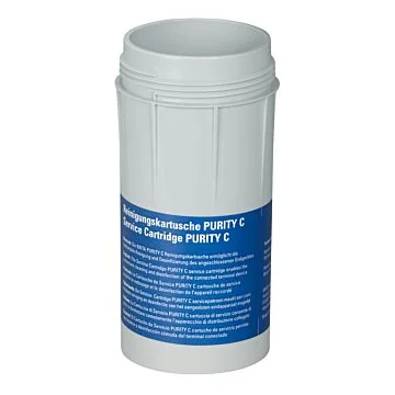 BRITA PURITY C Servicekartusche, weiße Kunststoffkartusche mit blauem Etikett, Frontalansicht