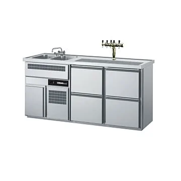 CHROMOnorm Edelstahl Getränketheke/Biertheke mit 2 Becken links & 4 Schubladen