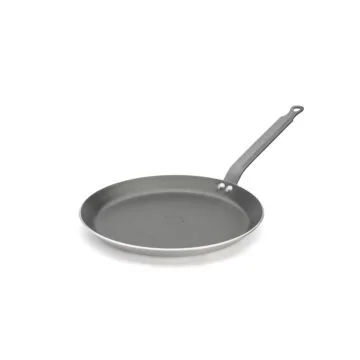 De Buyer Crepe-Pfanne Choc Antihaft Ø 26cm – flache runde Pfanne mit grauer Antihaftbeschichtung, genietetem Metallgriff, Schrägansicht