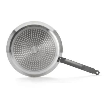 De Buyer Crepe-Pfanne Choc Resto Ø 30cm von unten, silberner Aluminiumboden mit geprägtem Wabenmuster und grauem Metallgriff