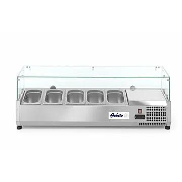 Hendi Aufsatz-Kühlvitrine aus Edelstahl mit Glasaufsatz und fünf GN 1/4 Behältern in Frontalansicht