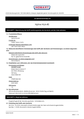 Hobart Hyline HLA 40 Sicherheitsdatenblatt