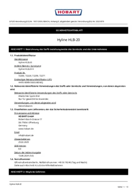 Hobart Hyline HLB 20 Sicherheitsdatenblatt