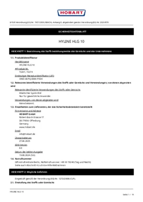 Hobart Hyline HLG 10 Sicherheitsdatenblatt