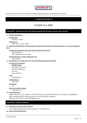 Hobart Hyline HLU 3000 Sicherheitsdatenblatt