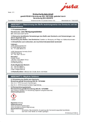 JURA Reinigungstabletten Sicherheitsdatenblatt