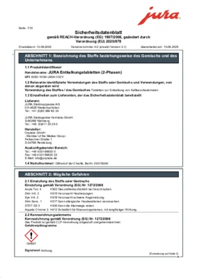 JURA Entkalkungstabletten Sicherheitsdatenblatt