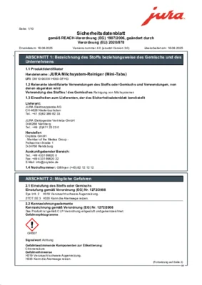 JURA Milchsystem-Reiniger Sicherheitsdatenblatt